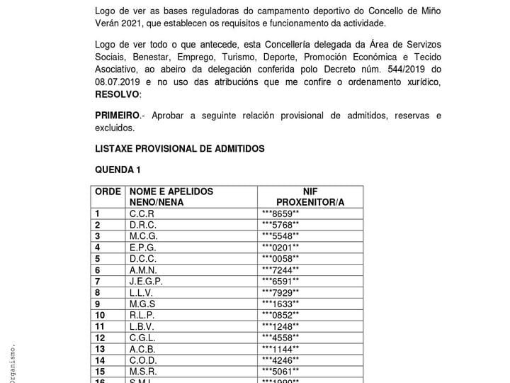 CAMPAMENTOS DEPORTIVOS- LISTA PROVISIONAL DE SOLICITUDES COA DOCUMENTACIÓN COMPLETA