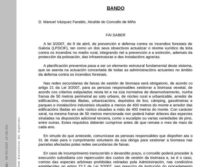 BANDO DE LA ALCALDÍA SOBRE LA GESTIÓN DE BIOMASA EN FAJAS SECUNDARIAS DE PROTECCIÓN CONTRA INCENDIOS